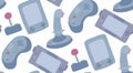 Seamless pattern with flat illustrations of various joysticks and game consoles on white background. Vector texture
