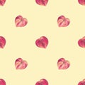 Seamless pattern colorful fruits in realistic style flat peaches drawing in mixed media on yellow background. Royalty Free Stock Photo