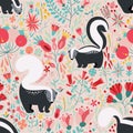 Seamless pattern in flat style with cartoon floral elements, flowers and skunks. Cute colorful background.