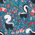 Seamless pattern in flat style with cartoon floral elements, flowers and skunks. Cute colorful background.