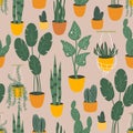 Seamless pattern in flat style with houseplants in pots