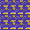 Seamless pattern with flat style school bus on blue background Royalty Free Stock Photo