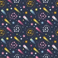 Seamless pattern in flat style on space theme with hand drawn comets, , stars and asteroids. Royalty Free Stock Photo