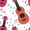 Seamless pattern with flat ukuleles with musical notes and hearts on white background. Love music. Musical string instrument. Royalty Free Stock Photo