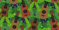Seamless pattern with flat ukuleles with musical notes and tropical leaves on dark background. Hawaiian music. Musical string Royalty Free Stock Photo