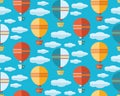 Seamless pattern in flat vector. Air balloon, aerostat flying in the blue sky among the clouds. Travel by air. Fun, kids Royalty Free Stock Photo