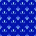 Seamless pattern. Fleur de lis. Linear graphics. Geometric symmetrical drawing. Blue background. Royalty Free Stock Photo