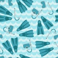 Seamless pattern with flippers, mask and snorkel on white background.