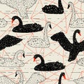 Seamless pattern with floating black and white swans. Hand drawn birds