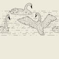 Seamless pattern with floating white swans. Hand drawn birds