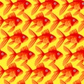 Seamless pattern of a flock of goldfish on a yellow background