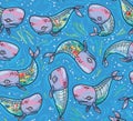 Seamless pattern with floral anatomy whales in cartoon style. Vector illustration