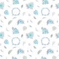 Seamless pattern of floral arrangement Tropical palm leaves, pampas, rose blue, magnolia, eucalyptus branches, greenery on white Royalty Free Stock Photo