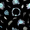 Seamless pattern of floral arrangement Tropical palm leaves, pampas, rose blue, magnolia, eucalyptus branches, greenery on black