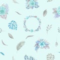 Seamless pattern of floral arrangement Tropical palm leaves, pampas, rose blue, magnolia, eucalyptus branches, greenery on mint