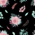 Seamless pattern of floral arrangement Tropical palm leaves, pampas rose, eucalyptus branches, green on black background Royalty Free Stock Photo