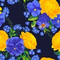 Vector seamless floral pattern. Yellow Ranunculus, Buttercups, blue Pansies and Forget-me-nots