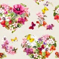 Seamless pattern - floral hearts with flowers, meadow butterflies, wild grass. Watercolor