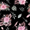 Seamless pattern of floral elements on a black background Boho dried plants and flowers, rose, tropical leaves, eucalyptus Royalty Free Stock Photo