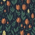 Seamless pattern of floral elements, orange abstract tulips, green leaves, flat design Royalty Free Stock Photo