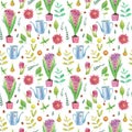 Seamless pattern - floral garden, spring or summer, watering can, flowers, grass and ladybugs, flower pots. Suitable for