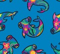 Seamless pattern with floral hammerhead sharks isolated on blue background Royalty Free Stock Photo