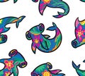 Seamless pattern with floral hammerhead sharks isolated on blue background Royalty Free Stock Photo