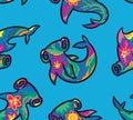 Seamless pattern with floral hammerhead sharks isolated on blue background Royalty Free Stock Photo