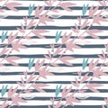 Seamless pattern with floral lilac branches. White background with blue strips