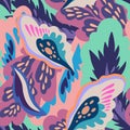 Seamless pattern with floral and plants element in psychedelic funky style in pastel colors