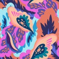 Seamless pattern with floral and plants element in psychedelic funky style in pastel colors