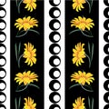 Seamless pattern with floral print. Bright yellow and orange flowers on black and white geometric background. Royalty Free Stock Photo