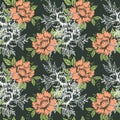 Seamless pattern, floral print. Hand-drawn pink and white contour flowers. Vintage for textiles, pastel linen Royalty Free Stock Photo