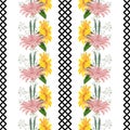 Seamless pattern with floral print. Pink and yellow garden flowers on whit background. Royalty Free Stock Photo