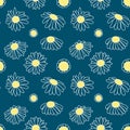 Seamless pattern floral. Print with spring flowers. Classical daisies white and pale yellow. Blue background. Vector illustration