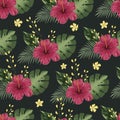 Seamless pattern floral summer background with tropical flowers palm leaves and monstera. Vector textures on a black background Royalty Free Stock Photo