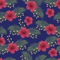 Seamless pattern floral summer background with tropical flowers and palm leaves. Vector textures on a purple background Royalty Free Stock Photo