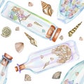 Seamless pattern with florariums, watercolor bottles with sea shells inside