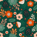 Seamless pattern with flovers and leaves on dark background.