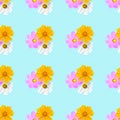 Seamless pattern flower composition, white, yellow and pink colored flowers. Royalty Free Stock Photo