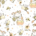 Seamless pattern with flower fairy and honey bees. Vector Royalty Free Stock Photo