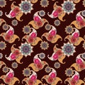 Seamless pattern with flower mandalas, paisley and bouquets of flowers