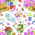 Seamless pattern with flower in pot, straw hat, working garden tools on white