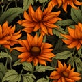 seamless pattern flower stems leaves intricate details.orange mexican sunflower by Generative AI