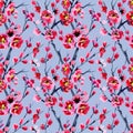 Seamless pattern of flowering branches of wild plum meihua on a blue gray background