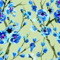 Seamless pattern of flowering branches of wild plum meihua in blue tones on a green background