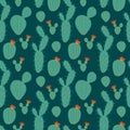 Seamless pattern of Flowering cacti and succulents . Cute Doodle style hand-drawn plants on a green background. Vector