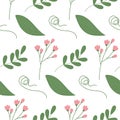 Seamless pattern of flowering twigs, spathiphyllum leaf, curl branch and leaf with small leaves