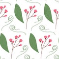 Seamless pattern of flowering twigs, spathiphyllum leaf and curled branch in trendy bright shades