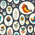 Seamless pattern with flowers and birds on gray background. Royalty Free Stock Photo